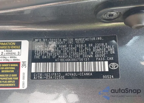 2008 Toyota Camry Le z USA, uszkodzony, nr VIN 4T1BE46K98U756131